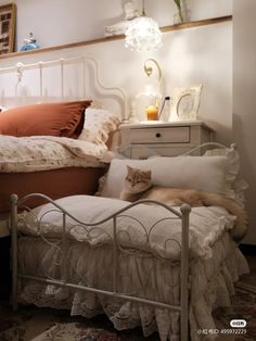 a cat laying on top of a bed in a bedroom