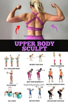 the upper body sculpt workout guide is shown in this image and shows how to do