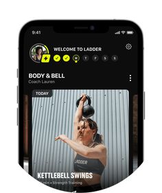 the body and bell app is displayed on an iphone screen, with a woman holding a kettle