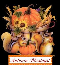 an autumn card with squirrels, sunflowers and pumpkins in a basket