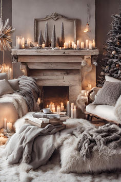 a living room filled with lots of candles and christmas tree decorations in front of a fire place