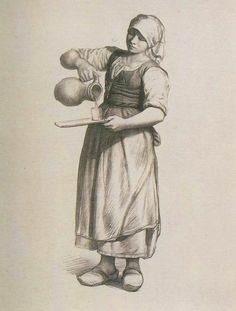 an old drawing of a woman holding a jug