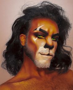 Scar Make Up Lion King, Scar Disney Makeup, Beast Make Up Disney, Lion Makeup Man, Halloween Costumes With Locs, Scar Makeup Lion King, Halloween Makeup For Men With Beards, Lion Makeup Halloween, Scar Lion King Costume