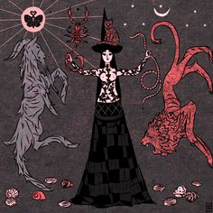 a woman in a witch costume standing next to an animal and another creature on a dark background