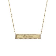 Pave Diamond Border Gold Bar Pendant Necklace • 14K Yellow Gold• Adjustable 16-18" Long• Bar: .2'' H x 1.18'' L (5mm H x 30mm L)• Diamond .15CT• Custom Engraving Optional As Seen on The Today Show If adding engraving, please allow 2-3 weeks for shipping Luxury Gold Bar Necklace For Gift, Luxury Classic Bar Necklace With Single Cut Diamonds, Gold Bar Necklace Tiffany & Co., Luxury Fine Jewelry Bar Necklace As Gift, Luxury Diamond Accents Bar Necklace As Gift, Luxury Yellow Gold Classic Bar Necklace, Luxury Fine Jewelry Bar Necklace For Formal Occasions, Luxury Yellow Gold Bar Necklace With Diamond Accents, Luxury Yellow Gold Bar Necklace In Fine Jewelry Style