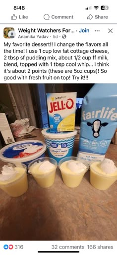 some yogurt and other food items on a table with an ad for jello