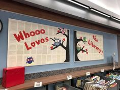 two bookshelves with posters on the wall and bins full of children's books