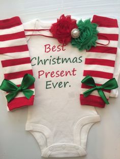 "*CURRENT PROCESSING TIME: 3-6 business days before shipment* Choose from 1 or all 3 pieces. If you choose \"FULL 3 piece set\", you will receive bodysuit, headband and legwarmers. CHOOSE FROM THE FOLLOWING: 1. \"Best Christmas Present Ever\" bodysuit--sizes preemie, newborn or 3 month 2. small red/white stripe leg warmers (up to 15lbs) 3. Red/green shabby flower fitted headband THIS LISTING IS FOR SIZES PREEMIE, NEWBORN AND 3 MONTH ONLY--due to the small leg warmers (fits up to 15lbs) **Please Infant Holiday Outfits, Newborn Christmas Outfit, Isabella Grace, Girl Christmas Outfit, Funny Christmas Outfits, Fat Baby