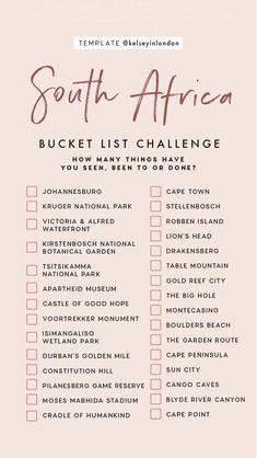 the south africa bucket list is shown in pink and white with brown writing on it