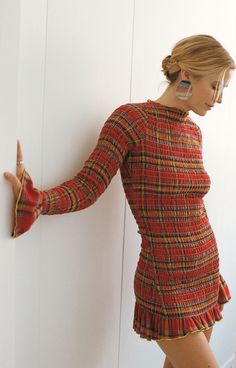 A fitted long sleeve mini dress with contrast yellow frill finishes. Sewn with elastic thread across the entire body and sleeves to stretch across the bust, waist hem and sleeves. Made from a mid weight brushed 100% cotton flannel plaid. See size guide for further measurements. Red Green Outfit, Rushed Dress, Plaid Mini Dress, Rouched Dress, Fitted Long Sleeve, Italy Outfits, Elastic Thread, Modieuze Outfits, Long Sleeve Mini