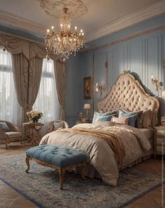 a bed room with a neatly made bed and a chandelier