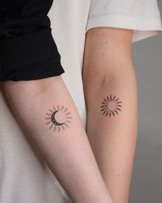 Romantic Mini Tattoos Of Moon And Stars Matching Linework Tattoo, Sun And Moon Matching Tattoos Couple, Tattoos Of Moon, Moon And Stars Tattoo Matching, Matching Space Tattoos, Tattoos Of The Moon, Tattoo Of Moon, Moon And Sun Matching Tattoos, Unique Moon Tattoo