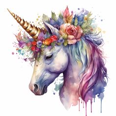 a watercolor painting of a unicorn with flowers on its head