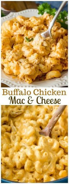 buffalo chicken mac and cheese in a blue bowl