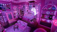 a bedroom with pink lighting and decorations on the walls