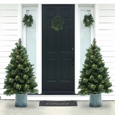 three christmas trees in front of a black door with wreaths on the top and bottom