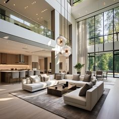 a living room filled with lots of furniture and large windows next to a dining area