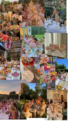 a collage of photos with people sitting at tables and flowers in vases on the table