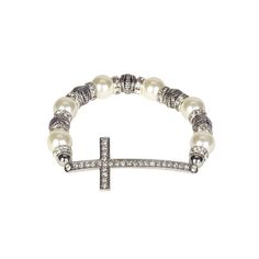 Sideways Cz Curved Cross Bracelet With Pearl/Metal Tone Beads - A Long, Slender Curved Sideways Cross Sparkles With Tiny Cubic Zirconia Stones, And Is Accompanied By A Beautiful Arrangement Of Beads On This Stretch Bracelet. Cross Is 2"L; Inner Diameter Of Bracelet Is About 2". White Pearl/Silver Tone Beads: Round White Pearl Tone And Ornamental Round Silver Plated Beads Are Interspersed With Sparkling Cubic Zirconia Ring Beads. All Metal Is Silver Plated. Trendy Jewelry Ideas, Anthropologie Bracelet, Cross Bracelets, Flower Cuff Bracelet, Crystal Cuff Bracelet, Blue Beaded Bracelets, Geometric Bracelet, Turquoise Bead Bracelet, 925 Silver Bracelet