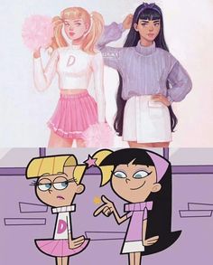 two cartoon girls are standing next to each other