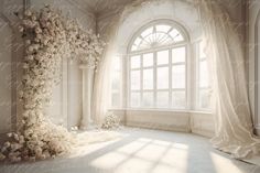 a room with white curtains and flowers on the window sill in front of it