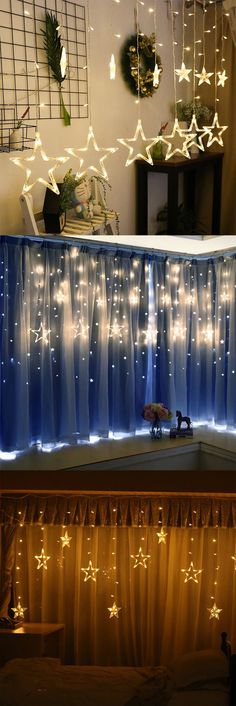 some lights are hanging from the ceiling in front of a blue curtain with white stars on it