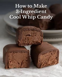 how to make 3 - ingredient cool whip candy on a white plate with text overlay that reads, how to make 3 - ingredient cool whip candy