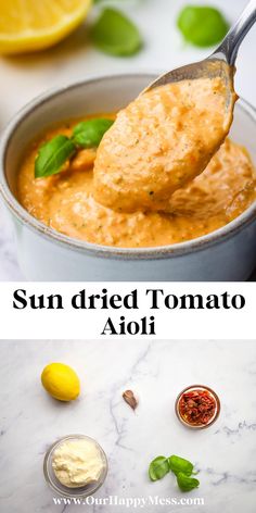 sun dried tomato aioli in a bowl with lemons and basil on the side