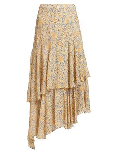 "Find VERONICA BEARD Kaneli Tiered Paisley Midi-skirt on Editorialist. Cut in an asymmetric silhouette, Veronica Beard's tiered Kaneli midi-skirt offers mixed painterly paisley prints. Banded waist Concealed side zip closure Asymmetric hem Pulls on 100% silk Dry clean Imported SIZE & FIT About 36.5\" long Model measurements: 5'10\" tall Model is wearing a US size 4. Veronica Beard. Color: Blue Yellow Multi. Size: 2." Great Neck New York, Yellow Midi Skirt, Mustard Skirt, Silk Midi Skirt, Evening Jumpsuit, Tiered Midi Skirt, Printed Midi Skirt, Floral Midi Skirt, Eyelet Dress