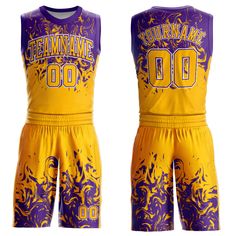 a yellow and purple basketball uniform with the number 00 on it's chest, in front of a white background