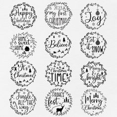 twelve hand drawn christmas badges in black and white with the words merry, joy, love, believe, let it snow