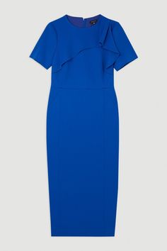 Petite Tailored Structured Crepe Ruffle Pencil Midi Dress | Karen Millen Pencil Midi Dress, Petite Business Casual, Bride Jumpsuit, Petite Wedding Guest Dresses, Business Casual Summer, Plus Size Formal, Midi Pencil Dress, Eid Outfits, Tall Dresses