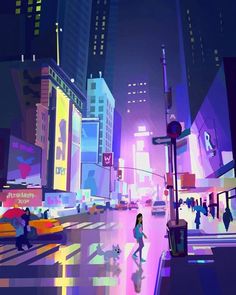 a painting of people crossing the street at night in an urban area with tall buildings