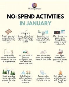 a poster with the words, no - spend activities in january and other things to do