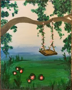 a painting of two people sitting on a swing in the middle of a green field