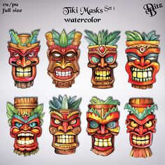 tiki masks set 1 watercolor