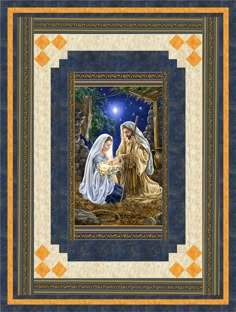 the birth of jesus is depicted in this quilted pattern, which features an image of mary and baby jesus