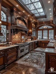 a large kitchen with wooden cabinets and an ornate ceiling