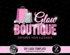 a pink and black background with the words glow boutique on it's side, next to a shopping bag