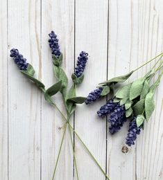 some purple flowers and green leaves on a white wooden surface