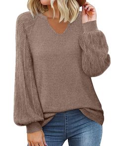 PRICES MAY VARY. 🍂Fabric: 29%Anti-pill acrylic 29%Viscose fiber 28%Polyester 14%Nylon. The Knit Crochet Pullover Sweaters Is Made of High Quality Fabric, Super Soft And Elastic.Penty Warm But Yet Not Too Heavy.Maintain the Quality Of This Sweater By Using Machine Wash With A Laundry Bag Or Hand Wash. 🍂FEATURES: Long Sleeve Sweater For Women/V Neck Pullover For Women/Raglan Shoulder Lantern Sleeve Knitted Pullover Sweater For Women/Solid Color Tops For Women/Chunky Knit Sweaters For Women/Slouc Womens Pullover Sweaters, Chunky Knit Sweaters, Chunky Pullover Sweater, Crochet Pullover, Color Tops, V Neck Pullover, Slouchy Style, Slouchy Sweater, Knit Sweaters