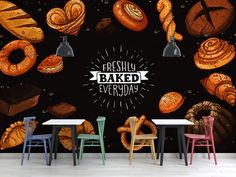 there are many different types of breads on this wall mural in the dining room