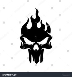 a black and white silhouette of a skull with flames on it's face,