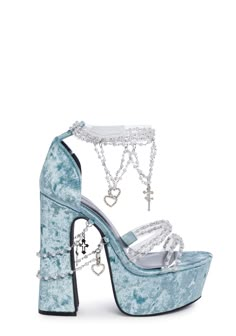 cuz you're an angelic vision! These platform heels have a crushed velvet construction, pearl beaded details all over with heart and cross charms, and adjustable velcro strap closures at the ankles. Quinceanera Shoes Blue, Quinceanera Heels Blue, Holy Revelation Platform Heels, Blue Platform Sandals, Goth Gloves, Mermaid Heels, Baby Blue Heels, Beaded Heels, Blue Platform Heels