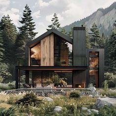 a house in the middle of a forest surrounded by rocks and pine trees, with an outdoor dining area next to it