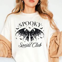 Spooky Custom Print Halloween T-shirt, Spooky Letter Print T-shirt For Costume Party, Spooky White T-shirt For Costume Party, Social Club Design, Bat Bow, Coquette Halloween, Halloween Retro, Halloween Gothic, Halloween Bows