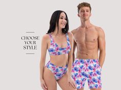 Get ready to embrace paradise with our Floral Matching Couples Swimsuit Set! This vibrant and playful collection includes a stunning one piece for her and trendy trunks for him. Adorned with floral patterns and tropical vibes, these matching swimsuits are designed to showcase your love and commitment in the most stylish way possible. Choose between the high waisted bikini and one piece swimsuit. Lovingly designed by Naliwear. Matching Couples Swimsuit, Matching Swimsuits For Couples, Swimsuit Set, Tropical Vibes, Matching Couples, Floral Patterns, Swim Trunks, One Piece Swimsuit, Pink Blue