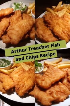 four different pictures of fish and chips on plates