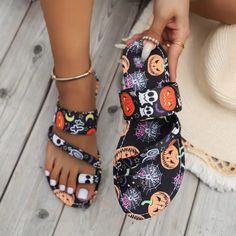 Spooky Chic Halloween Slide Sandals - Vibrant Pumpkin & Skull Design, Toe Loop, Slip-On, Comfortable Summer Shoes For Women - Perfect For Halloween Parties And Fall Festivities Fun Black Sandals With Round Toe, Black Round Toe Sandals With Fun Style, Fun Black Sandals For Vacation, Comfortable Summer Shoes, Summer Shoes For Women, Spooky Chic, Pumpkin Skull, Fall Festivities, Chic Halloween