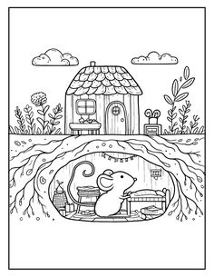 a coloring page with an image of a house and a mouse in the water,